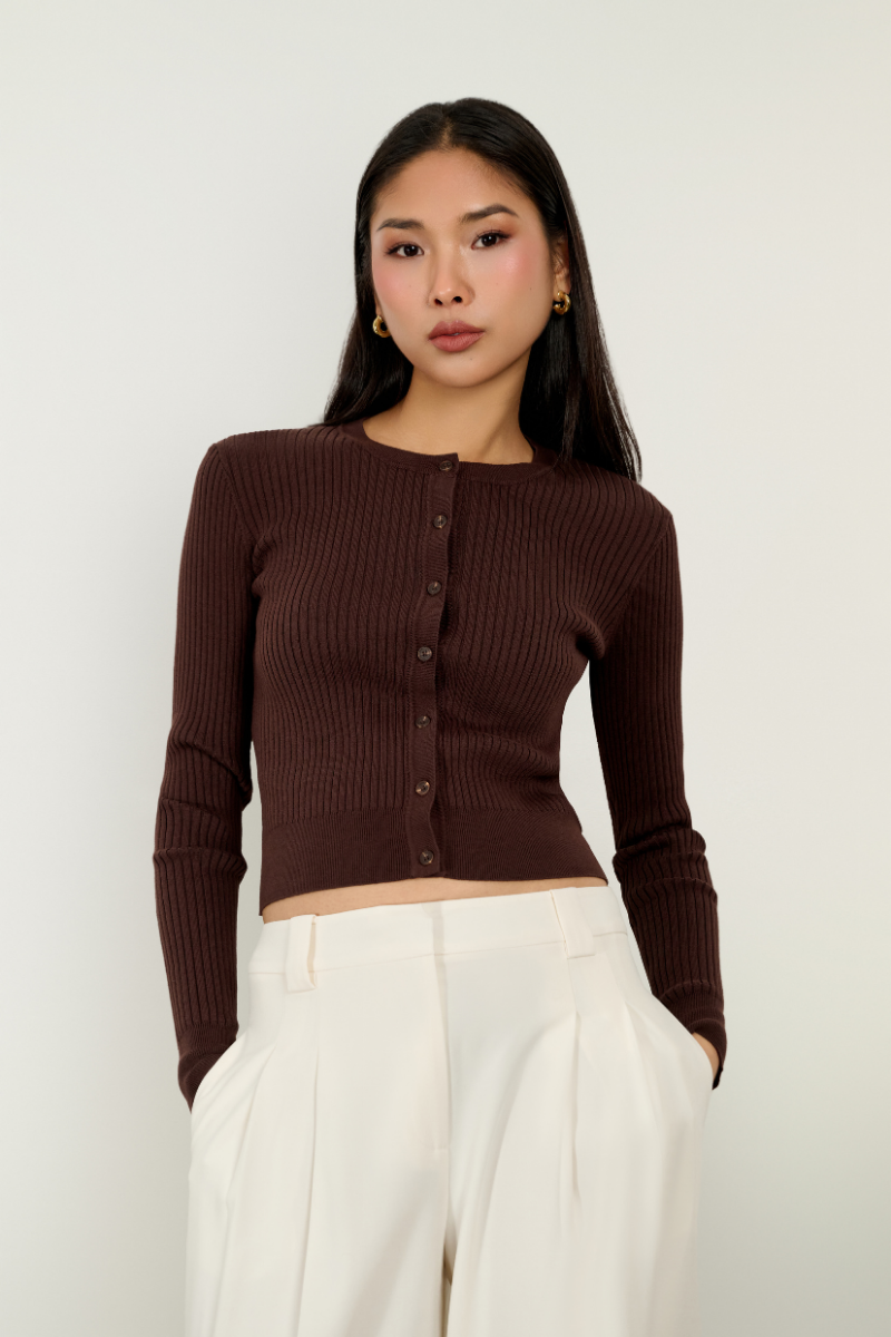 Hayley Slim Ribbed Cardigan - Chocolate