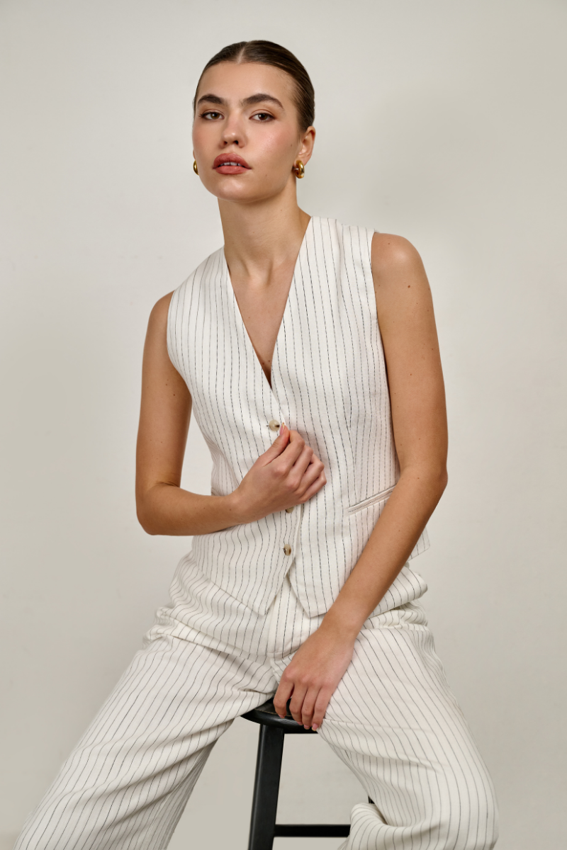 Riley V Neck Vest - White Pinstripe