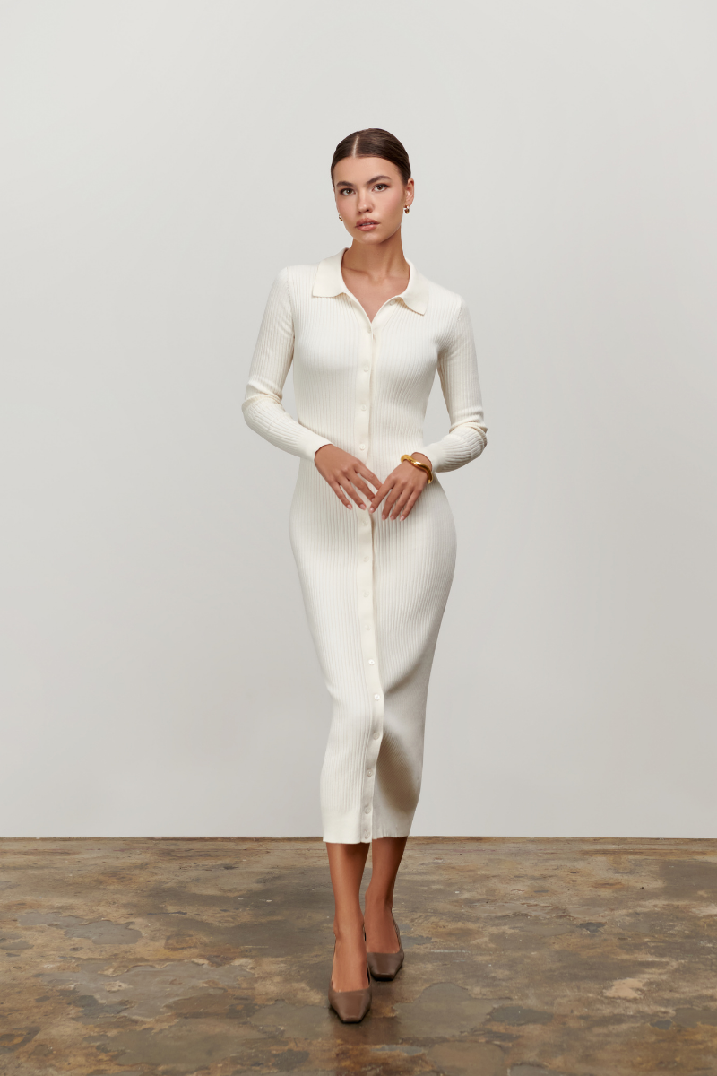 Zara Collared Long-sleeved Knit Dress - Tofu