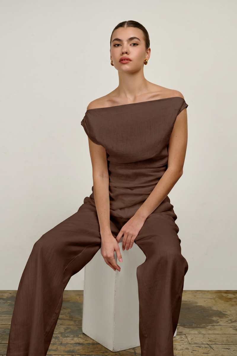 Paloma Off Shoulder Drape Top - Chocolate
