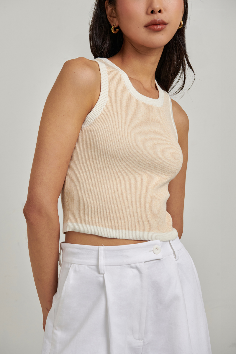 Izzy Contrast Tank Top - Oat with Tofu Trim