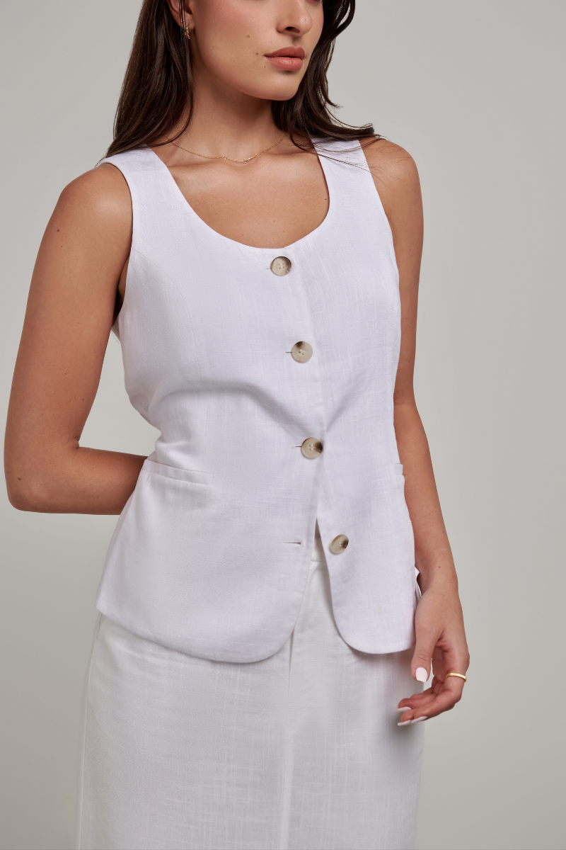 Madi Scoop Button Vest - White