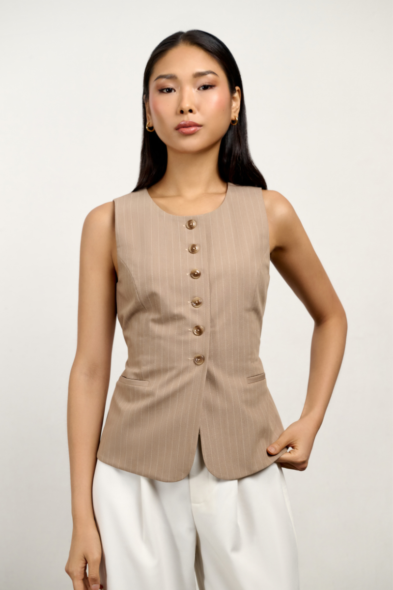 Hazel High Neck Vest - Biscoff Pinstripe
