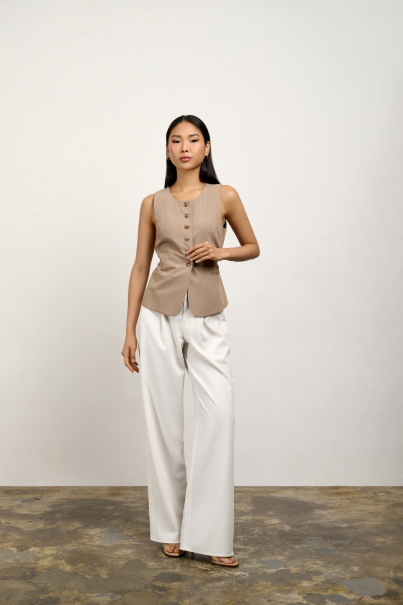 Hazel High Neck Vest - Biscoff Pinstripe