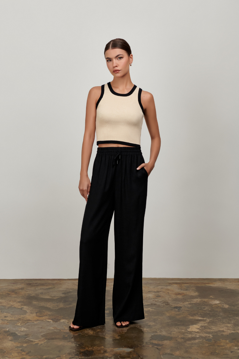 Izzy Contrast Tank Top - Oatmeal with Black Trim
