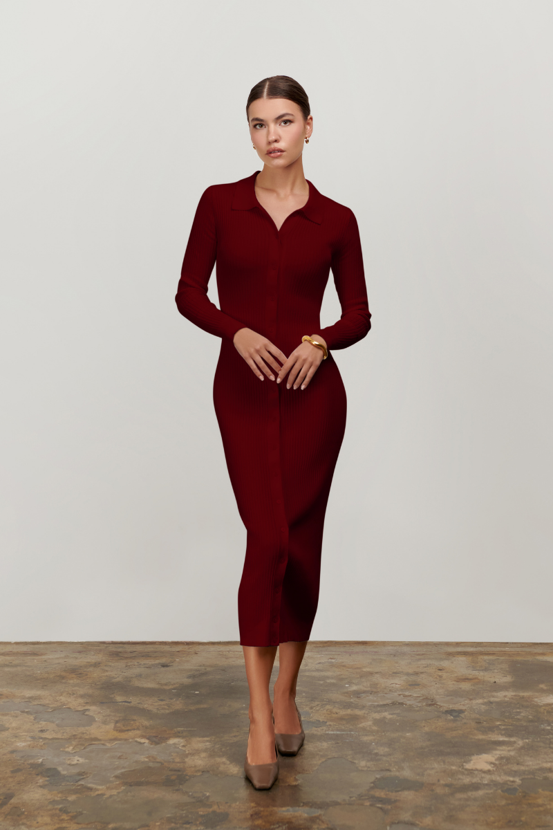 Zara Collared Long-sleeved Knit Dress - Burgundy Parallel 51 Zara Collared Long-sleeved Knit Dress - Burgundy Parallel 51