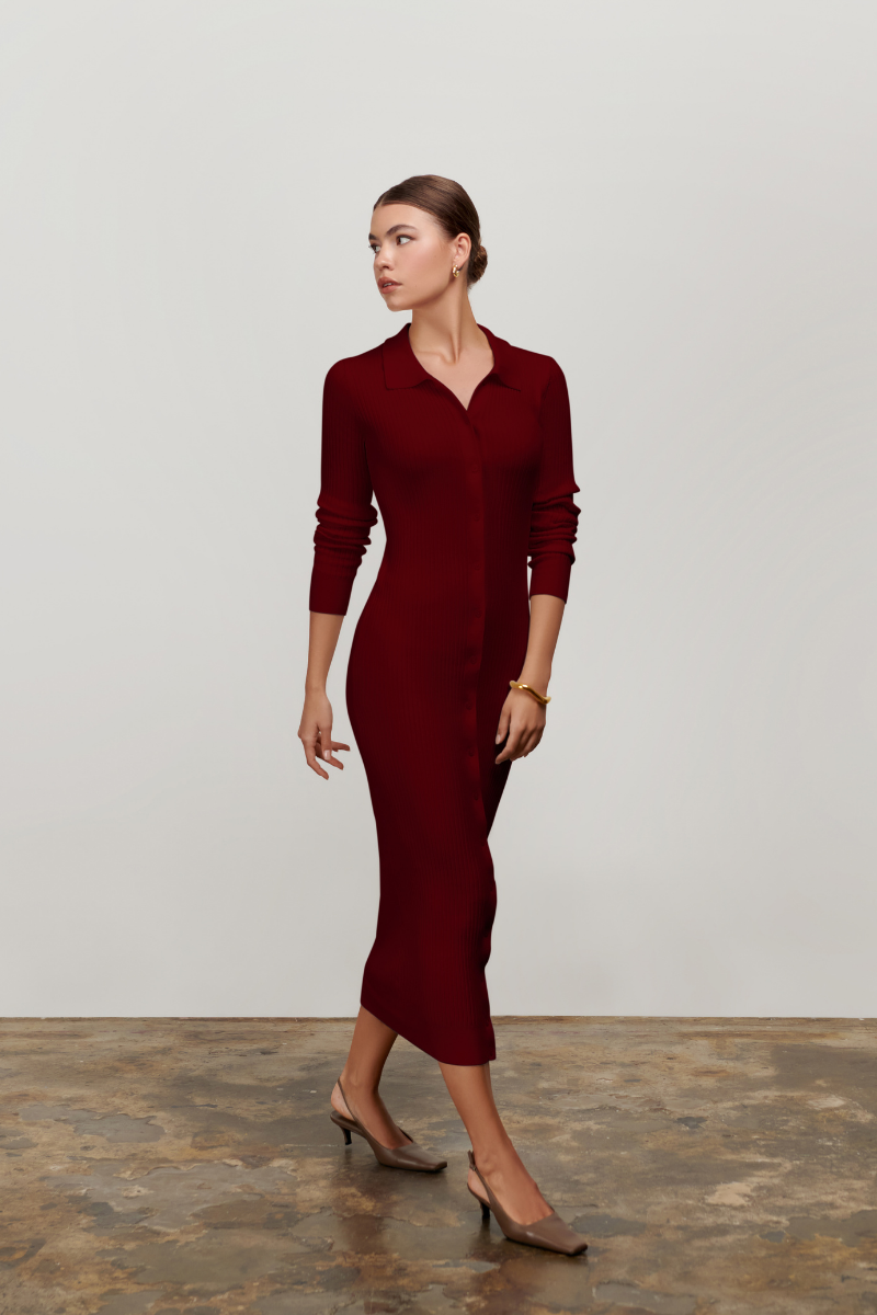 Zara Collared Long-sleeved Knit Dress - Burgundy
