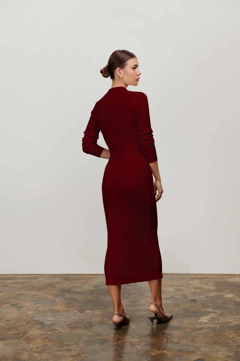 Zara Collared Long-sleeved Knit Dress - Burgundy Parallel 51 Zara Collared Long-sleeved Knit Dress - Burgundy Parallel 51
