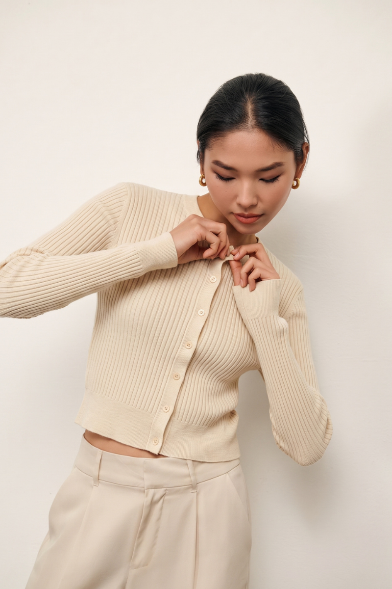 Hayley Slim Ribbed Cardigan - Tofu