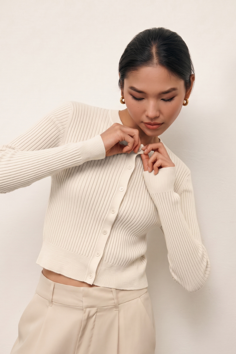 Hayley Slim Ribbed Cardigan - Tofu