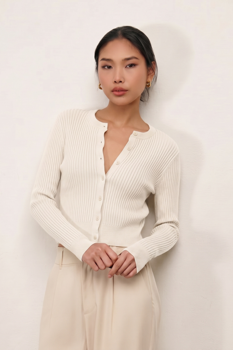 Hayley Slim Ribbed Cardigan - Tofu