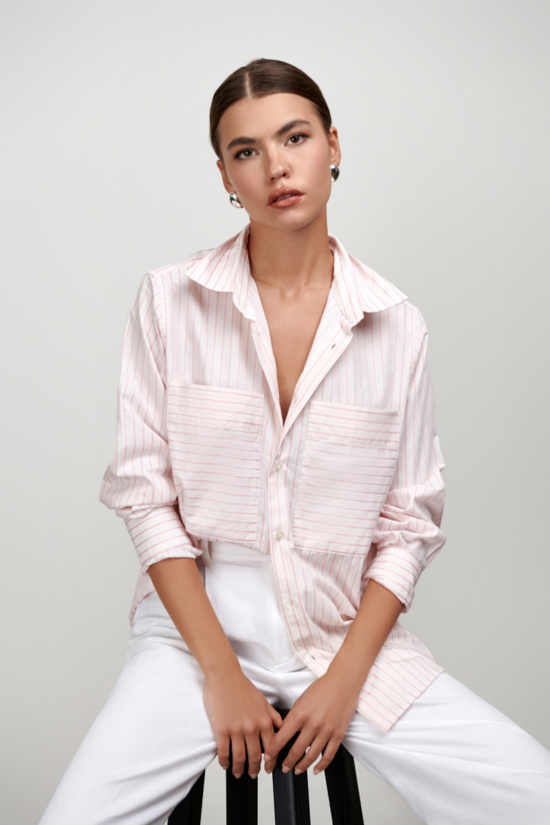 Millie Button Down Shirt - Pink White Stripe