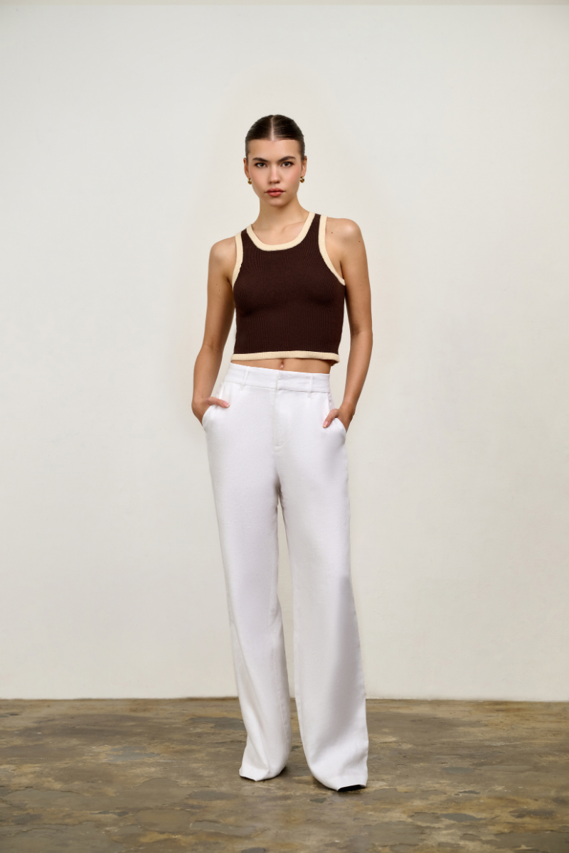 Izzy Contrast Tank Top - Choc with Oat trim