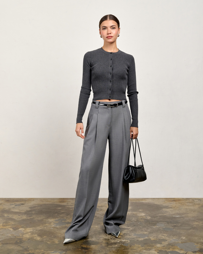 Hayley Slim Ribbed Cardigan - Charcoal