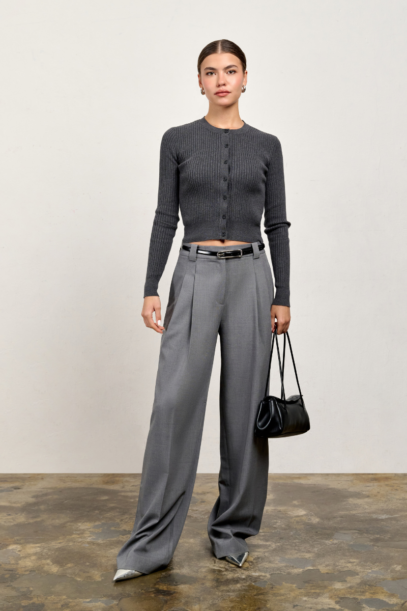 Hayley Slim Ribbed Cardigan - Charcoal