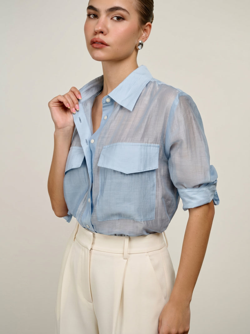 Harlow Contrast Trim Shirt - Soft Blue