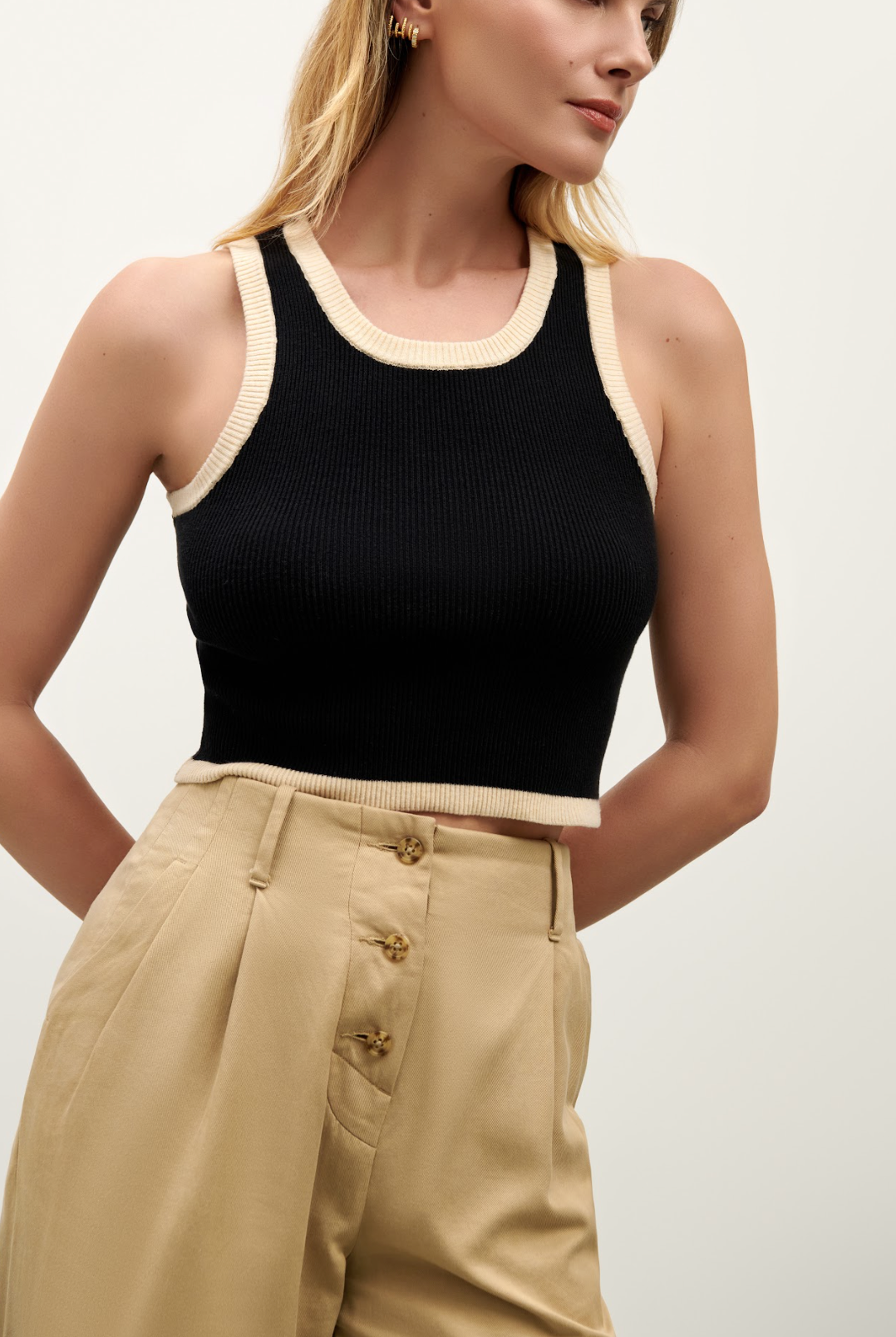 The Izzy Contrast Tank Top - Black & Oatmeal