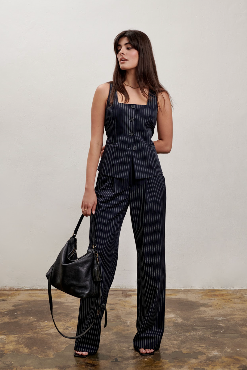 Willow Wide Leg Pant - Navy Pinstripe