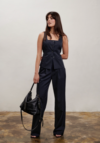 The Willow Wide Leg Pant- Pinstripe Navy