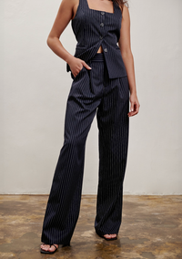 The Willow Wide Leg Pant- Pinstripe Navy