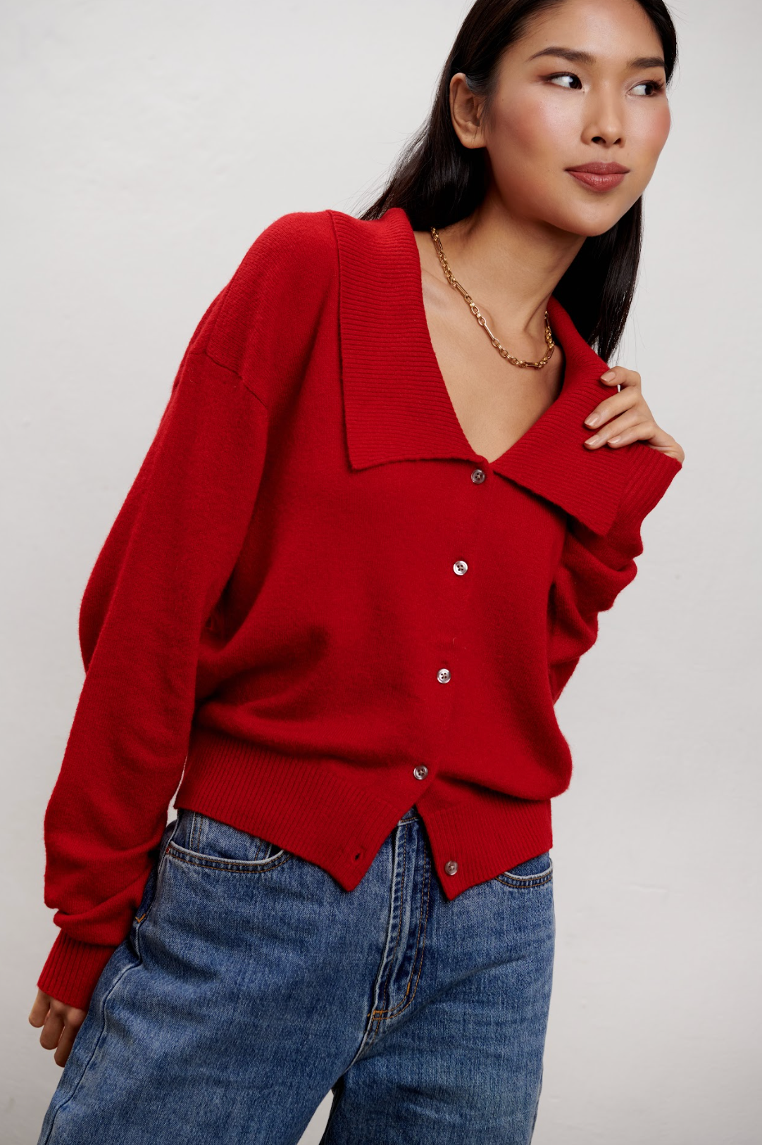 The Chloe Collared Cardigan - Cherry Red