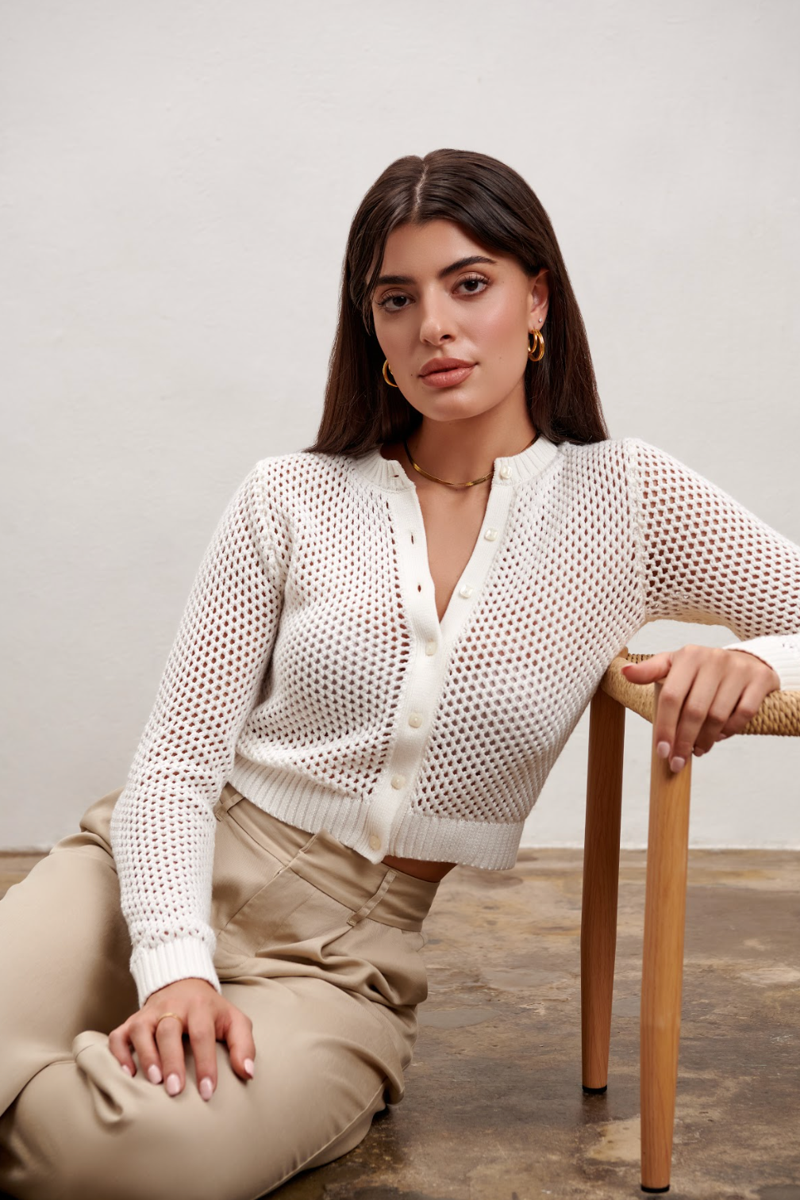 Mia Holey Fitted Cardigan - White