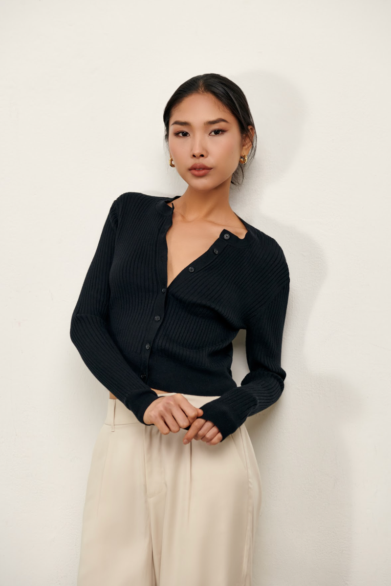Hayley Slim Ribbed Cardigan - Black