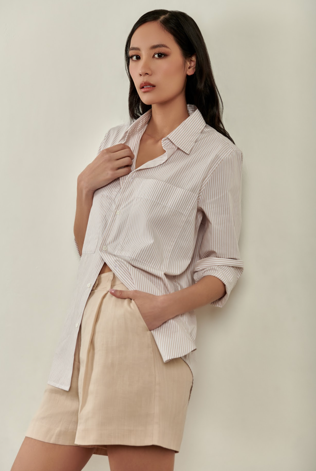 Millie Button Down Shirt - Beige and White Pinstripe