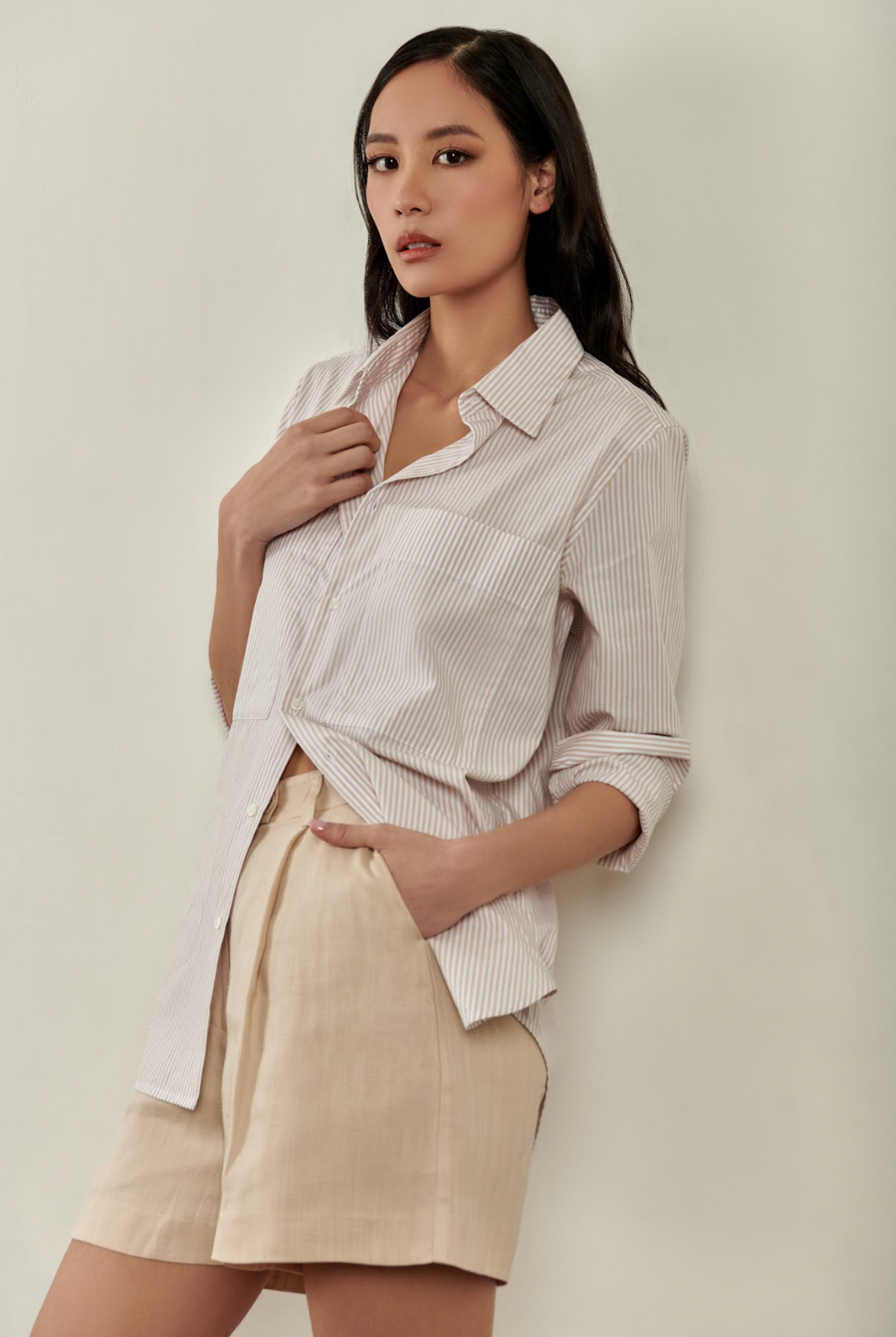 Millie Button Down Shirt - Beige and White Pinstripe