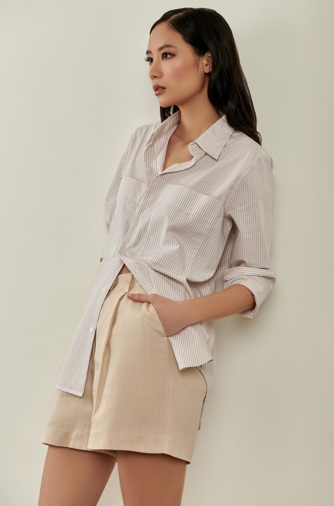 Millie Button Down Shirt - Beige and White Pinstripe