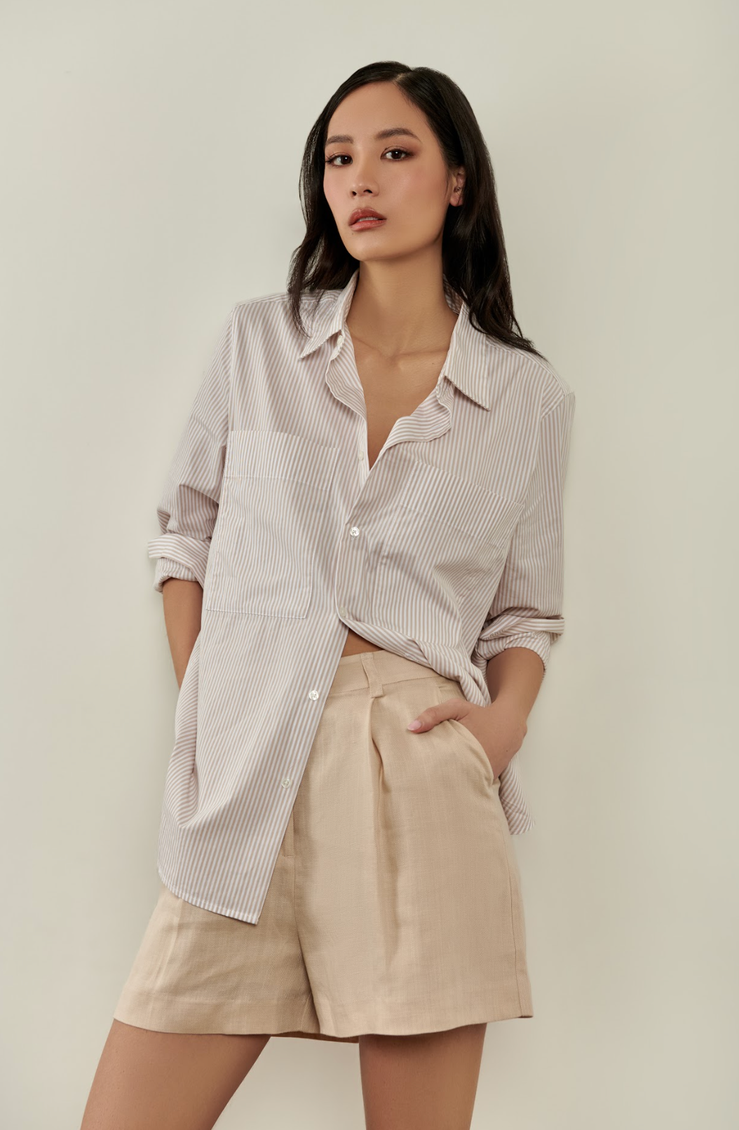 Millie Button Down Shirt - Beige and White Pinstripe