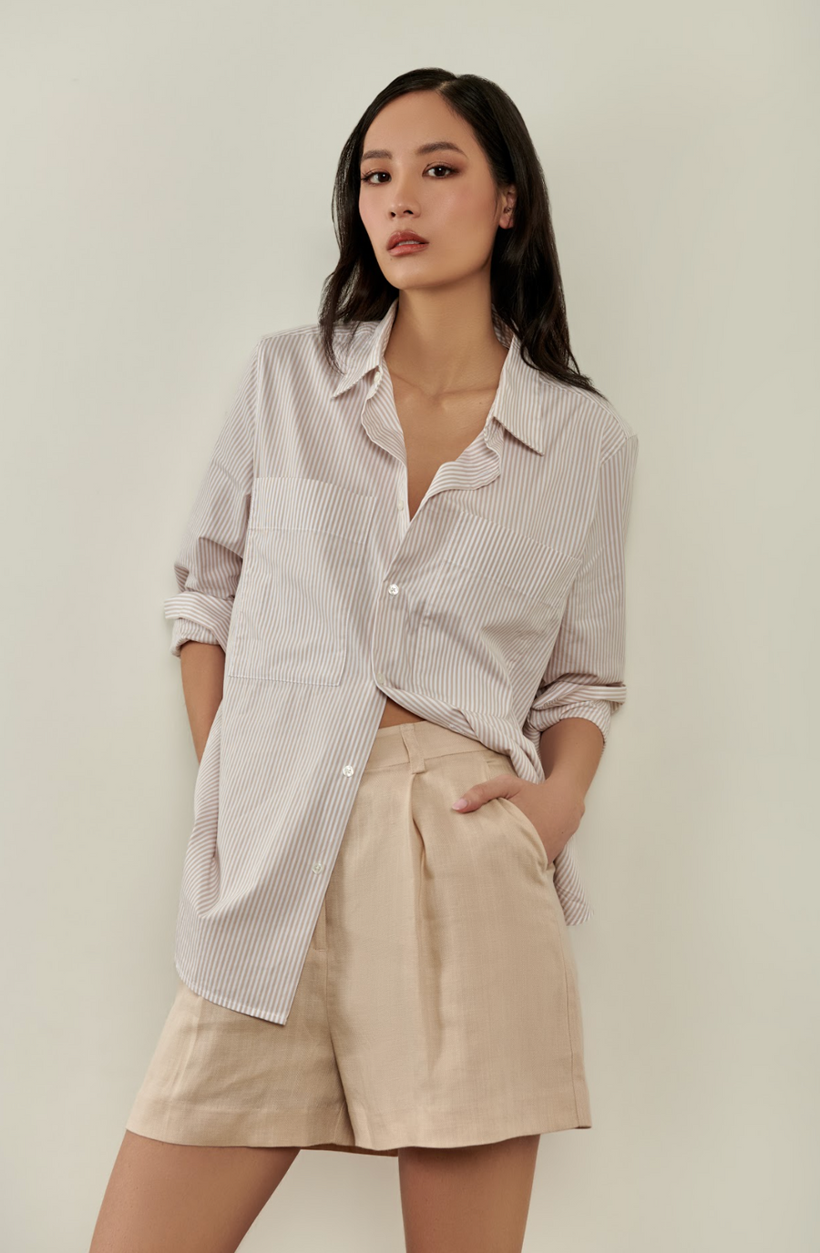 Millie Button Down Shirt - Beige and White Pinstripe