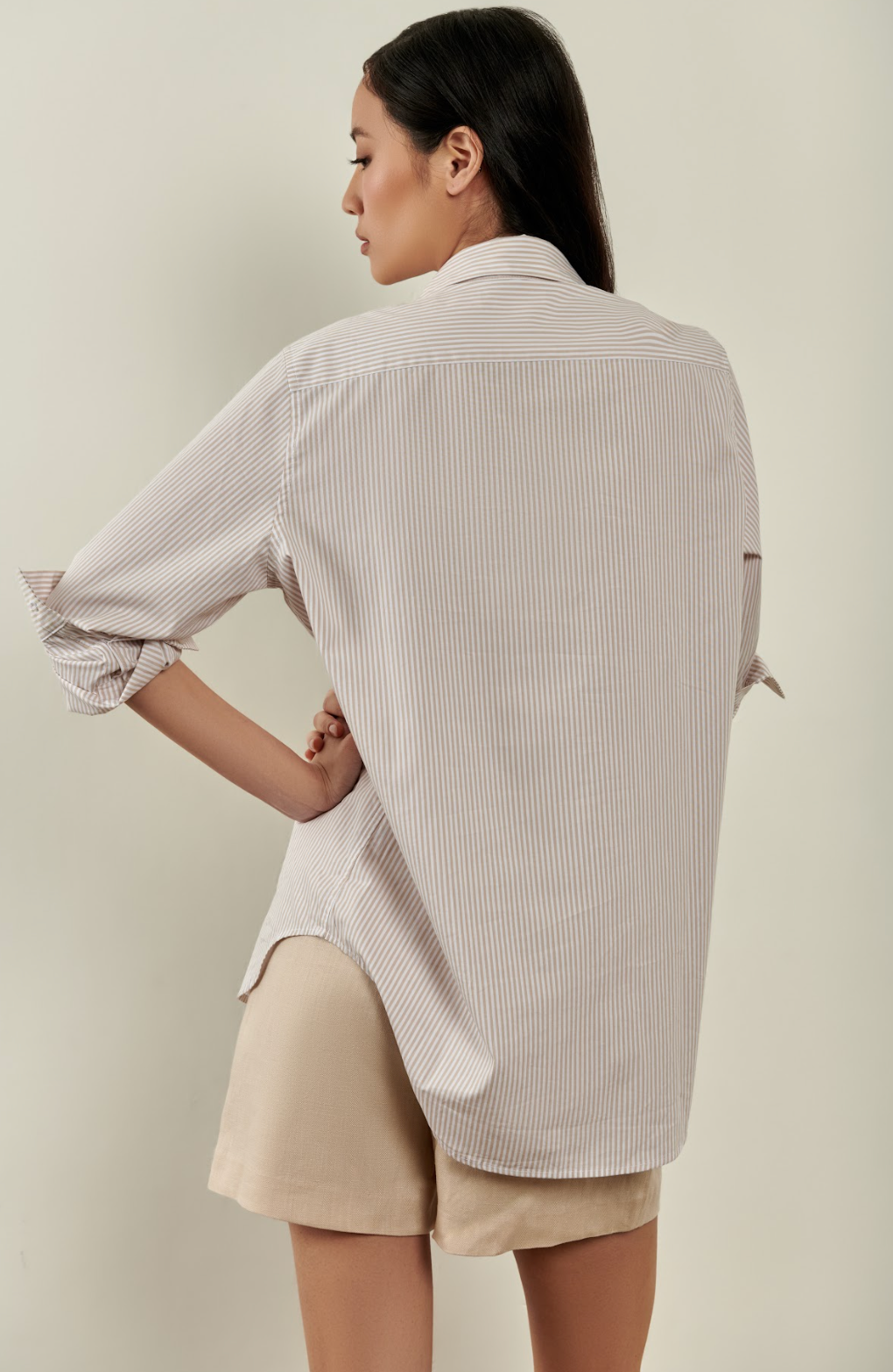 Millie Button Down Shirt - Beige and White Pinstripe