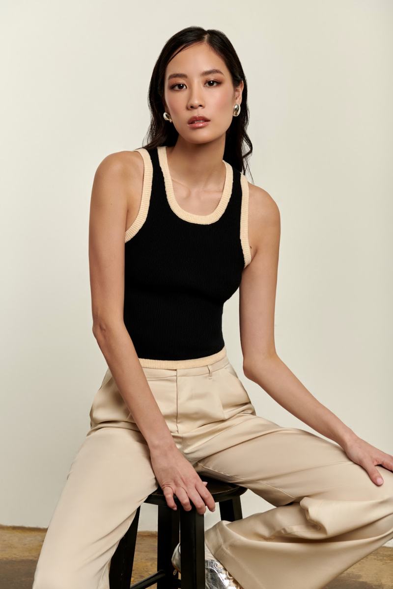 Izzy Contrast Tank Top - Black with Oat Trim