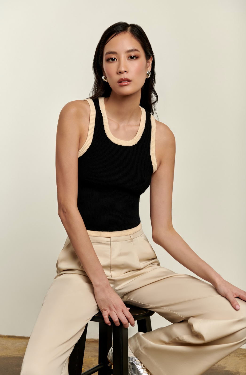 Izzy Contrast Tank Top - Black & Oatmeal