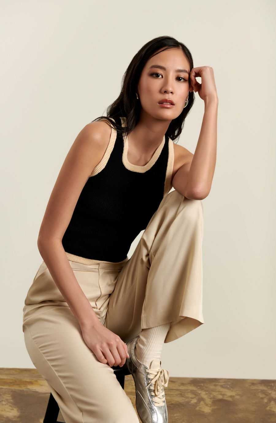 Izzy Contrast Tank Top - Black & Oatmeal